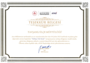 Tavşanlı’da AFAD’dan ilçe müftülüğüne teşekkür belgesi