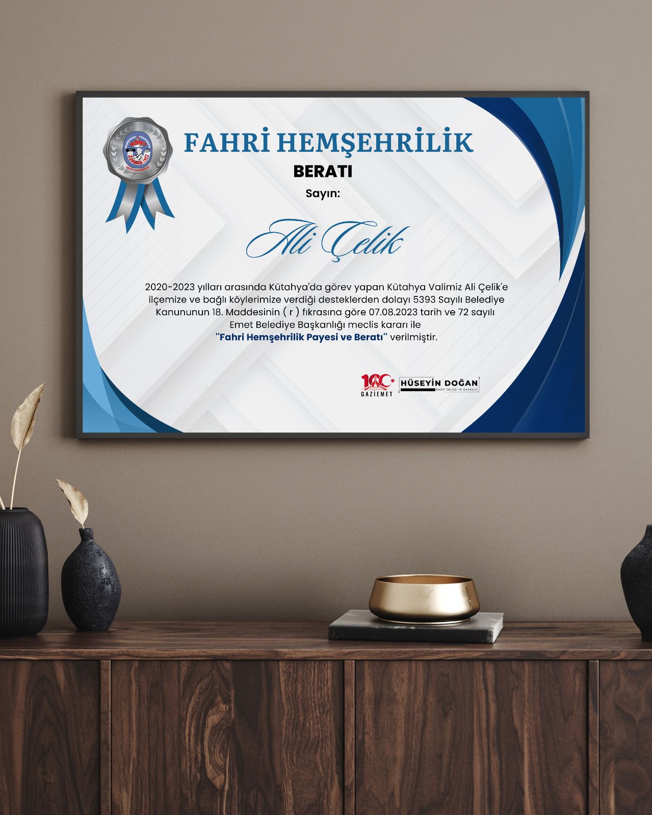 Vali Ali Çelik, Dumlupınar ve Emet'in fahri hemşehrisi