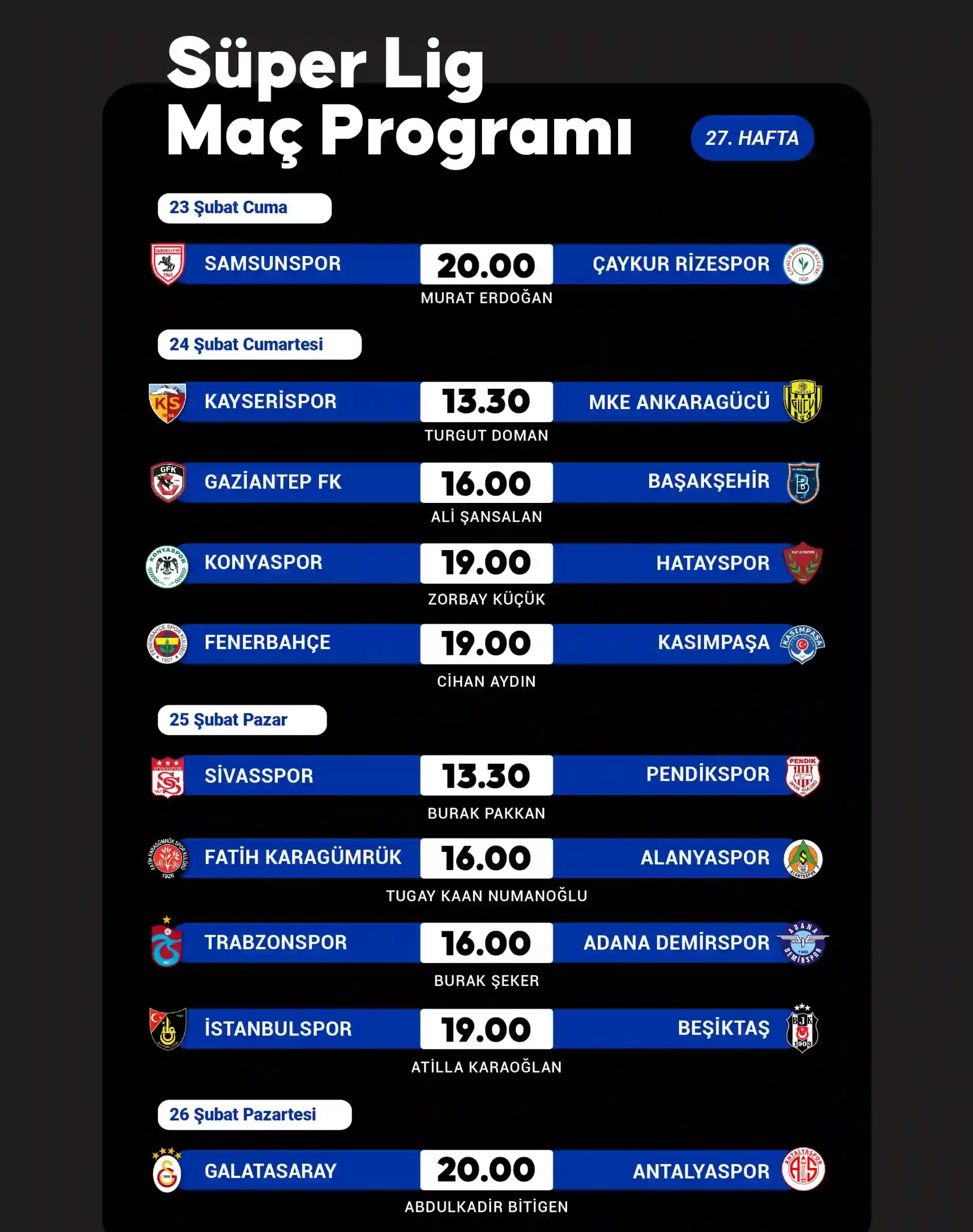 Süper Lig 27. hafta maç programı