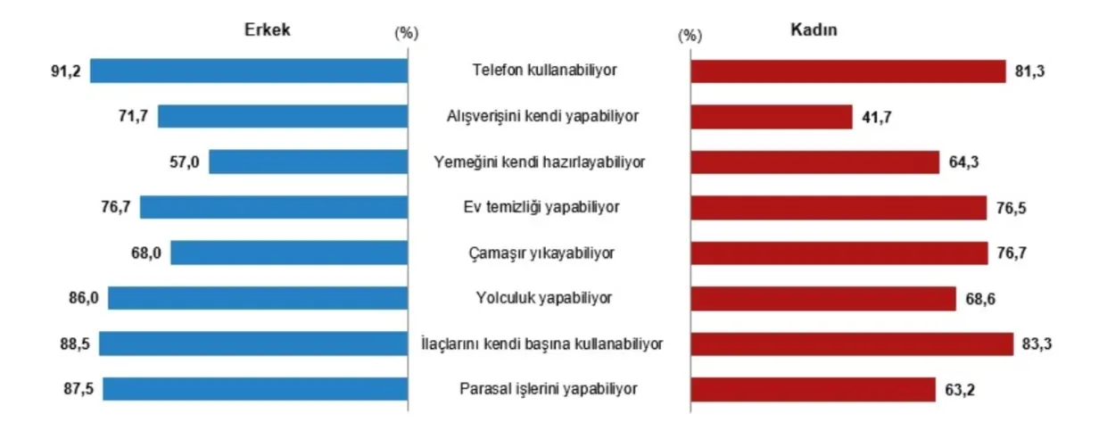 Cinsiyet ve Lawton-Brody Ölçeği bileşenlerine göre 65+ yaştakilerin günlük aktiviteleri yapabilme oranı, 2023