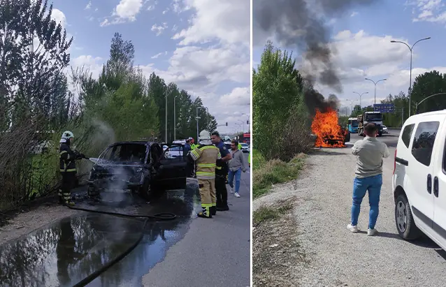 Kütahyada yanan otomobil alev topuna döndü