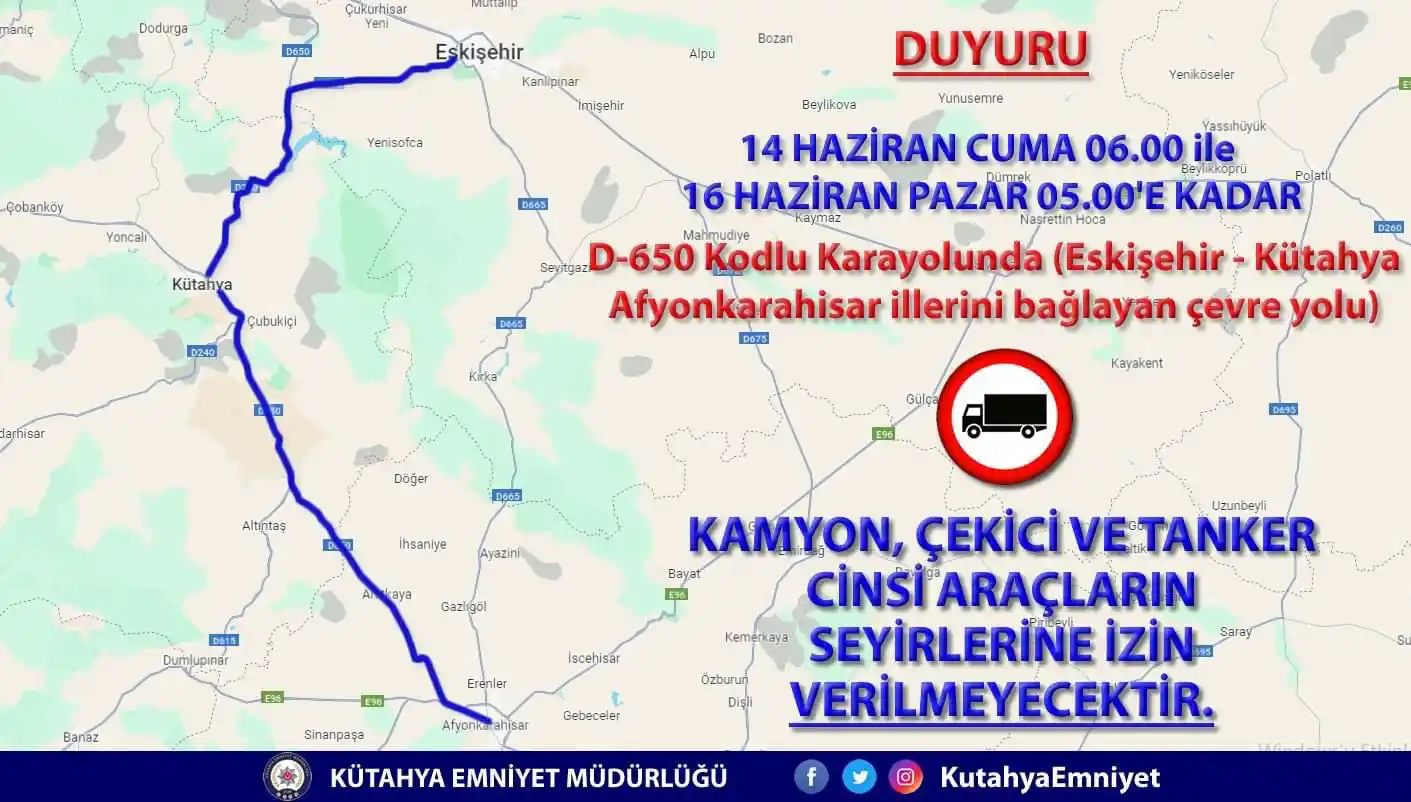 Kütahya çevre yolu bayramda büyük araçlara kapalı 